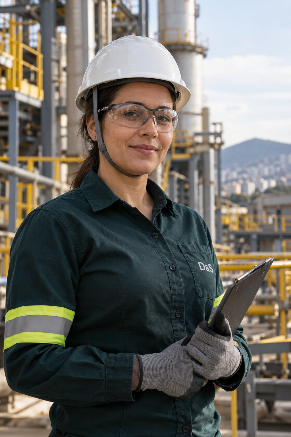 Imagem ilustrativa gerada por IA de uma profissional de segurança do trabalho com uniforme D&S