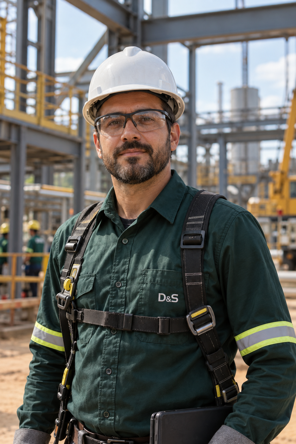 Imagem ilustrativa gerada por IA de um profissional de segurança do trabalho com uniforme D&S